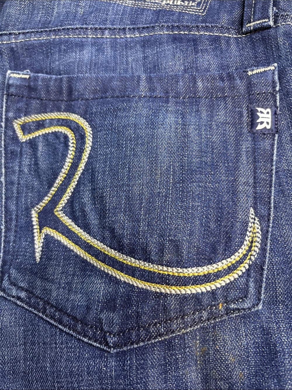 Rock & Republic Blue Denim Jeans with Gold Back Pocket Stitching - Picture 3 of 8